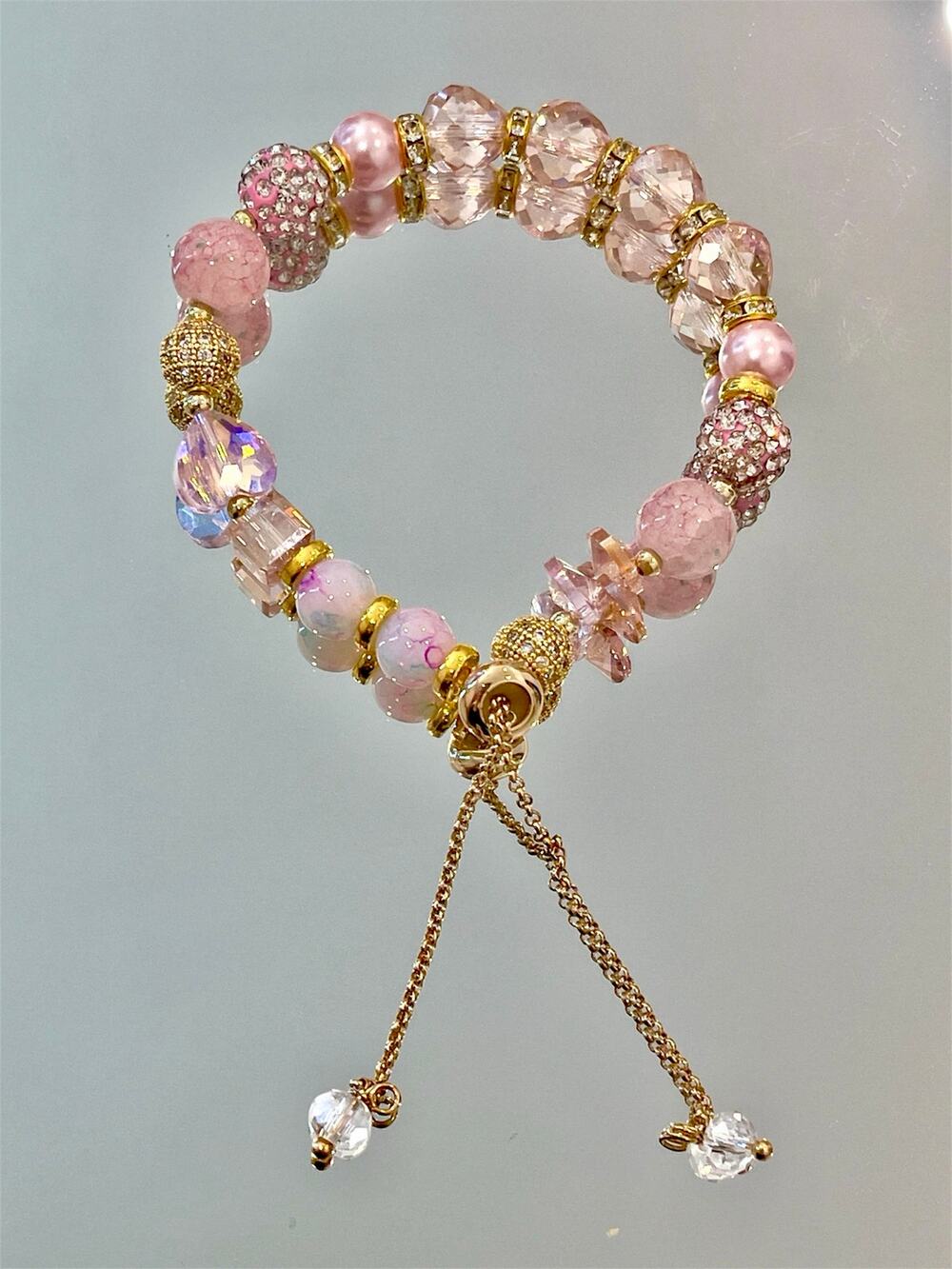 Pink Swarovski Beaded Bracelet With Gold